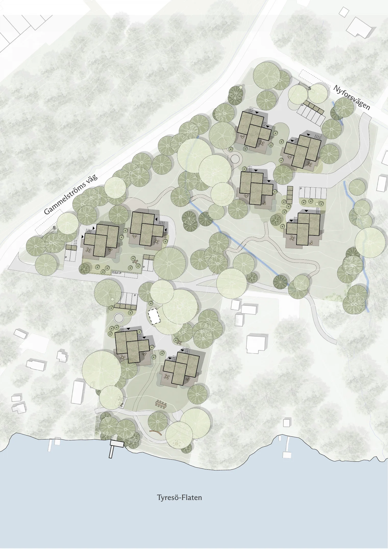 Situationsplan över Eklunden — 16 parhus vid Tyresö-Flaten i Nyfors, Tyresö