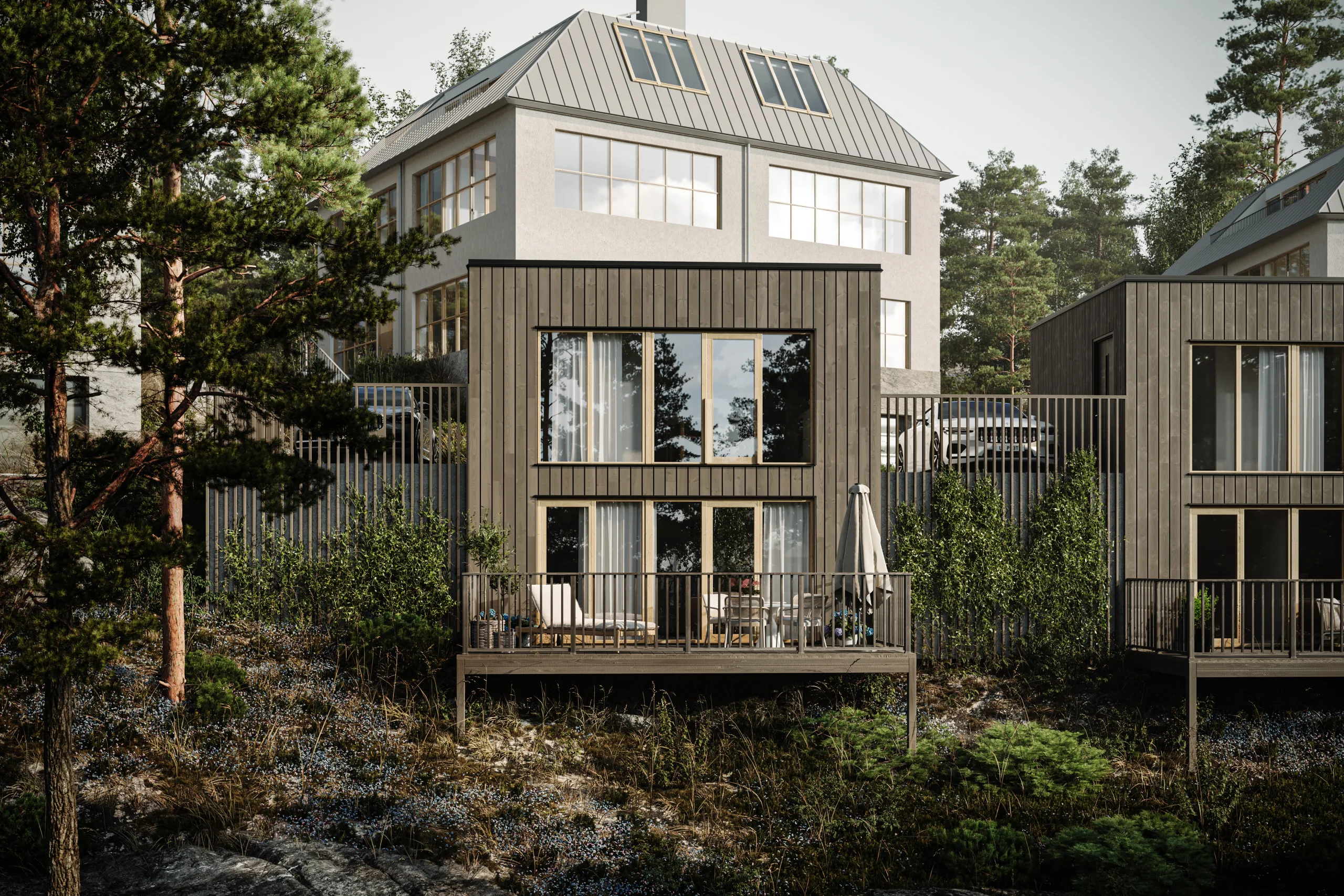 Näsbyviken minivillor — exteriör med uteplats mot naturen
