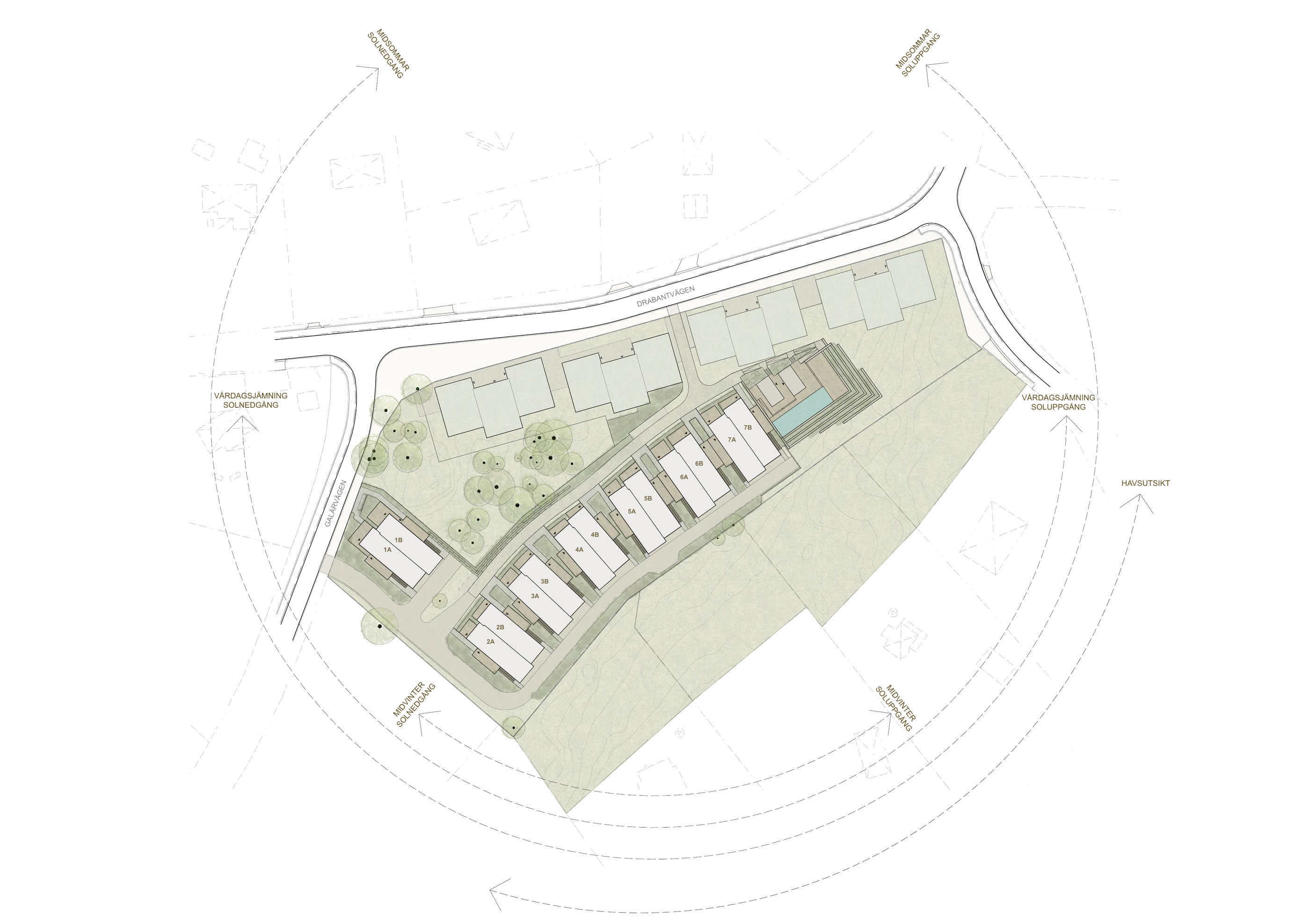 Situationsplan över Tallviken med husens placering, vägar och sollägen