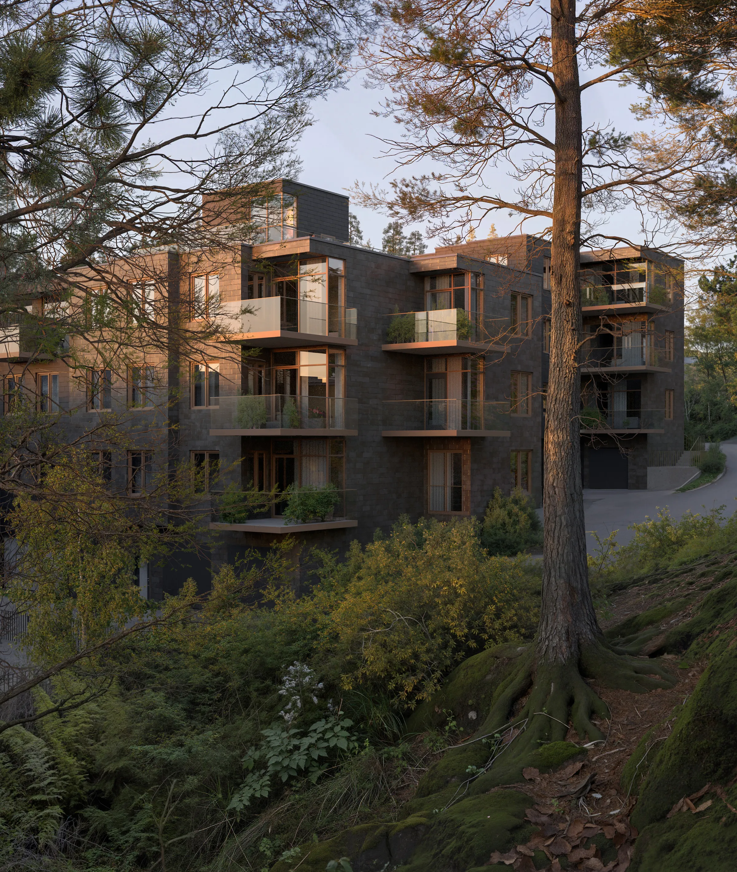 Telegrafterrassens fasader och balkonger inbäddade i tallskogen